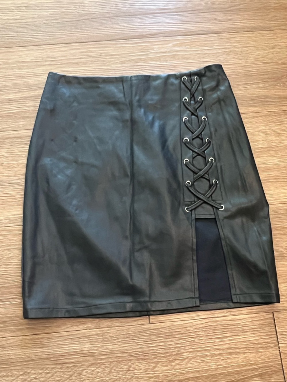 NUDE Black Faux Leather Lace-Up Side Mini Skirt